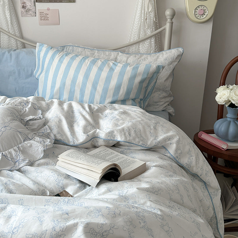 Cotton Floral Duvet Cover Bedding Set with Fitted Sheet and Pillowcases