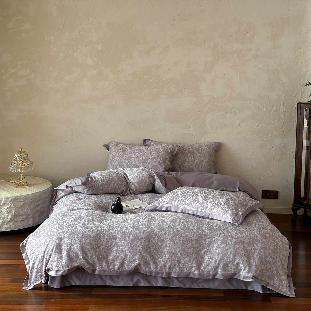 Floral Jacquard Duvet Cover Set Cotton-Linen Blend Reversible