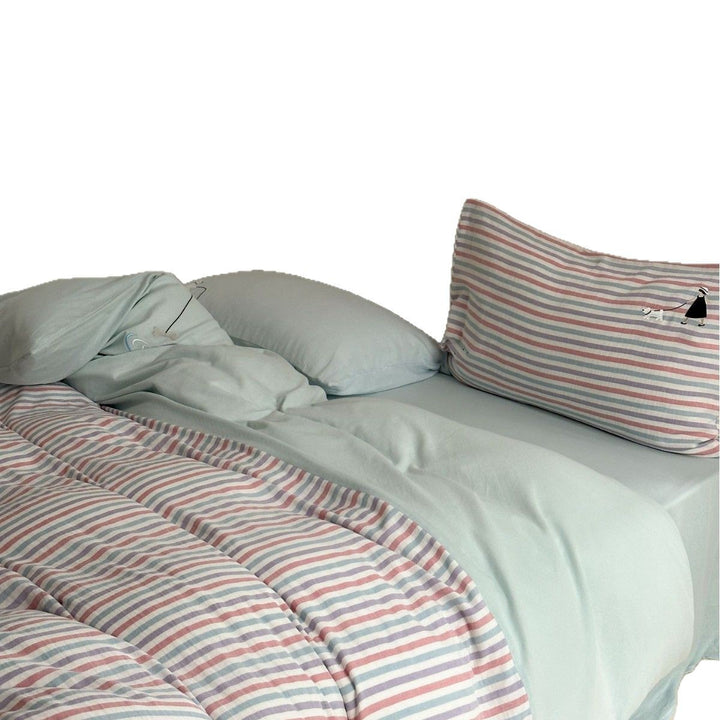 Pastel Striped Cotton Sateen Lightweight Duvet Cover Set with Solid Fitted Sheet and Accent Embroidered Sham