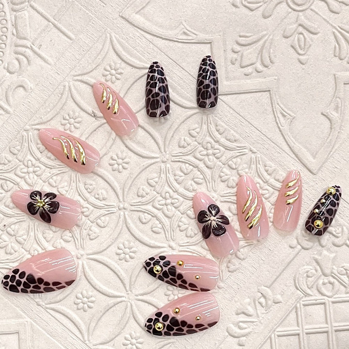 Artistic Press-On Nail Set with Floral and Leopard Accent Stornfield