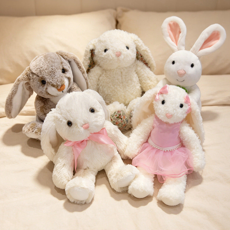 Plush Floral-Lined Ear Bunny Stuffed Toy with Embroidered Face and Curly Faux Fur Stornfield