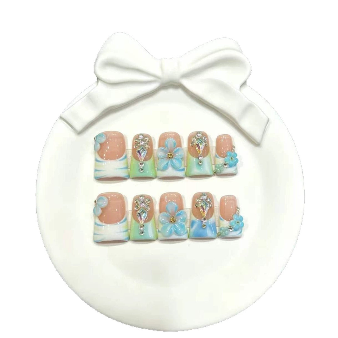 Artistic Floral Press-On Nail Art Set with 3D Embellishments
