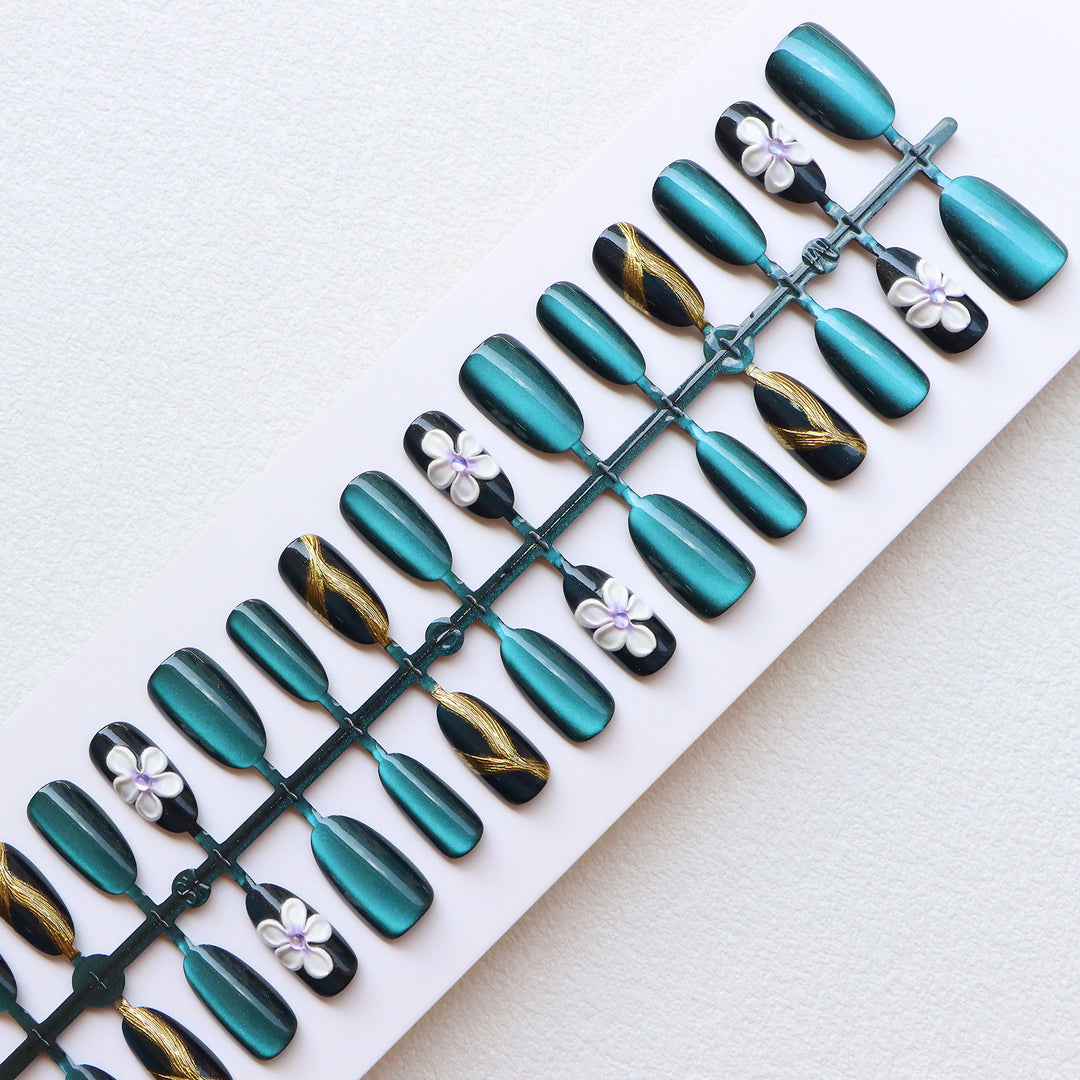 Elegant Press-On Nail Set with Floral Embellishments Stornfield