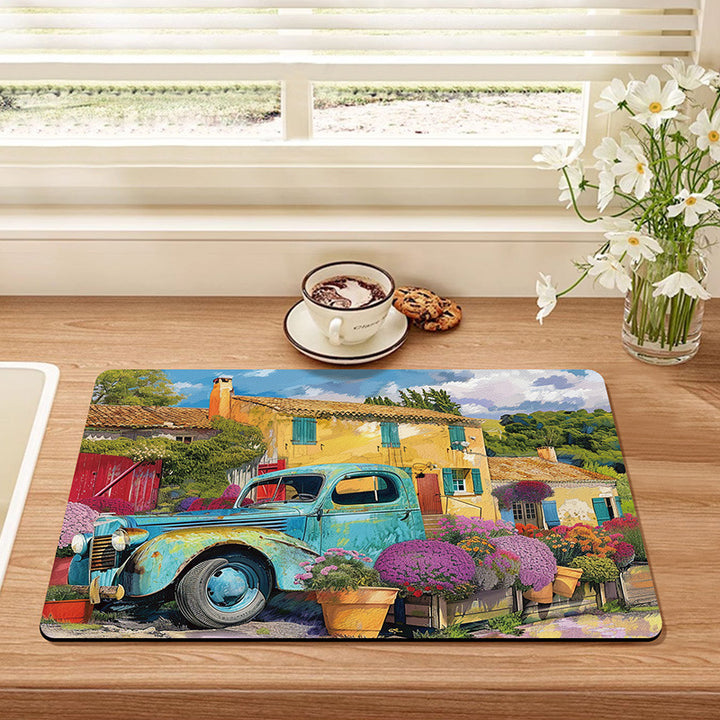 Artistic Vintage-Themed Kitchen Mat