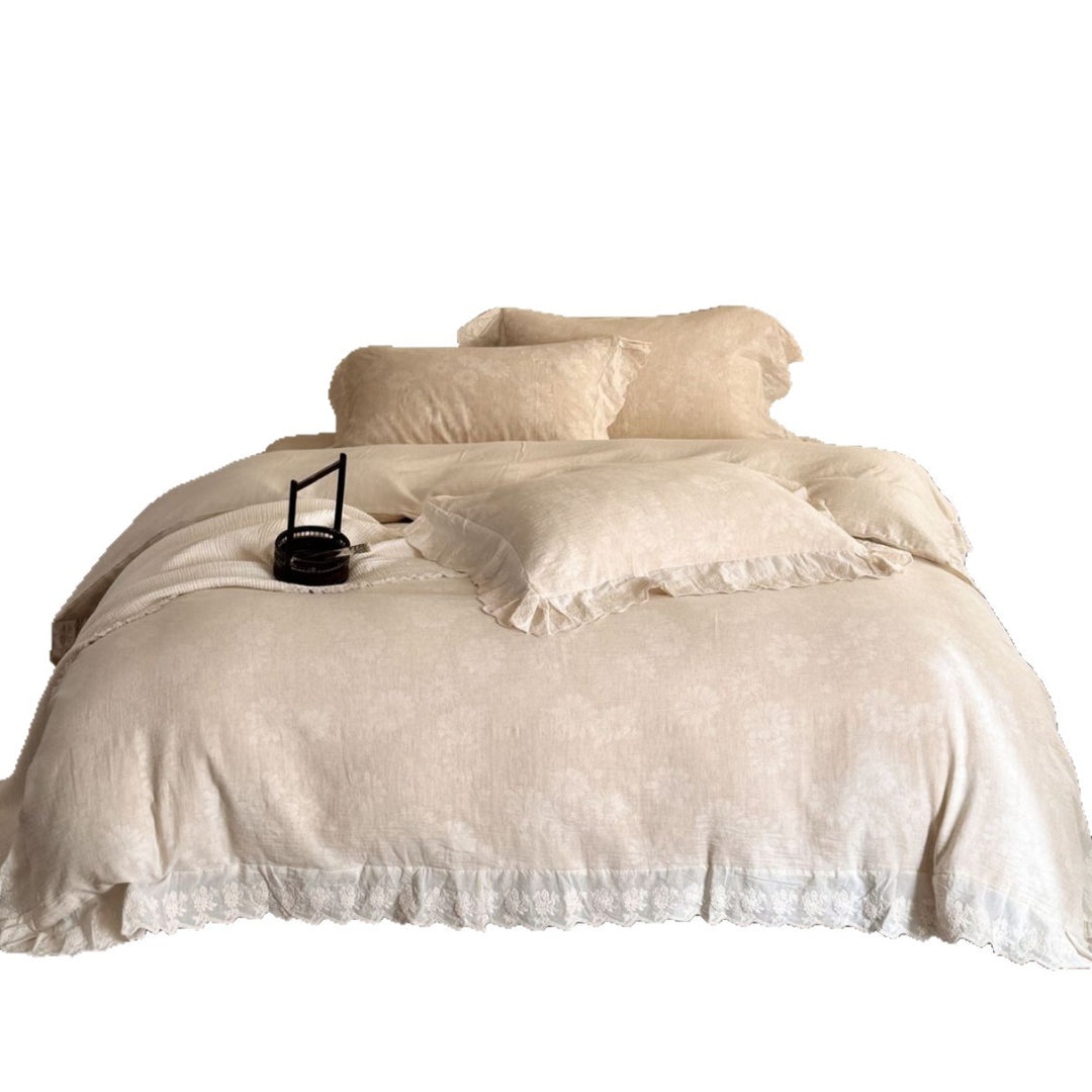 Lace-Trim Cotton-Linen Jacquard Duvet Cover Set with Ruffled Edge