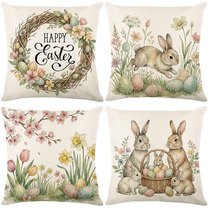 Easter Blossom Linen Throw Pillow Cover with Watercolor Eggs