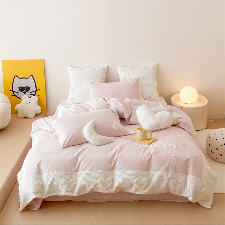 Romantic Embroidered Heart Cotton Duvet Cover Bedding Set