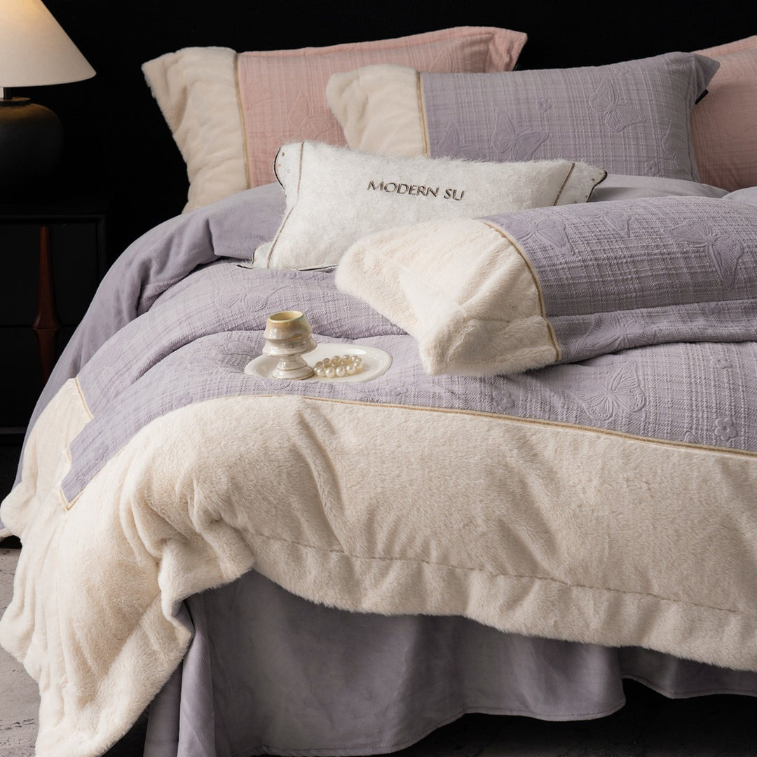 Plush Reversible Faux-Fur Comforter Set with Quilted Butterfly-Embossed Cotton Top and Decorative Throw Pillow