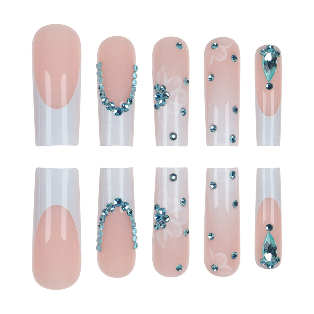 Floral-Designed Press-On Nail Set with Decorative Gem Accents Stornfield