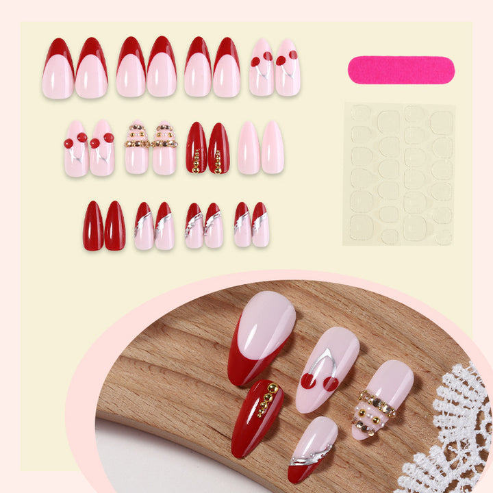 Decorative Art Press-On Nail Set with Cherry and Gold Accents Stornfield