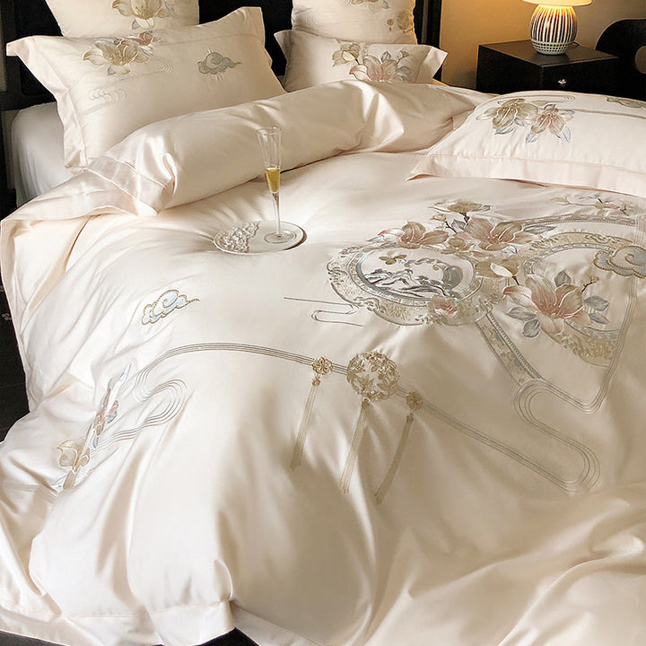 Embroidered Floral & Songbird Luxury Cotton Duvet Cover Set with Decorative Round Cushion