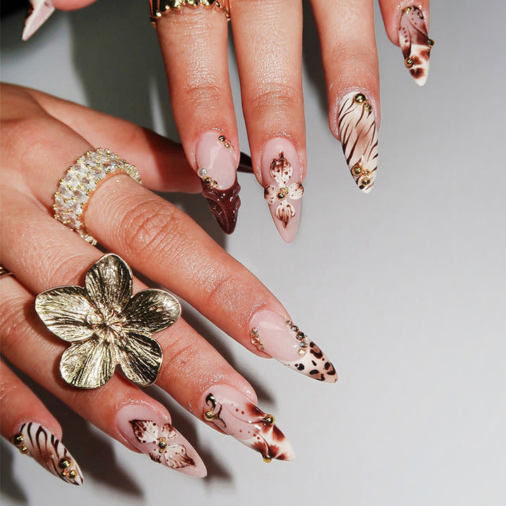 Artistic Press-On Nail Set with Floral and Animal Print Designs Stornfield