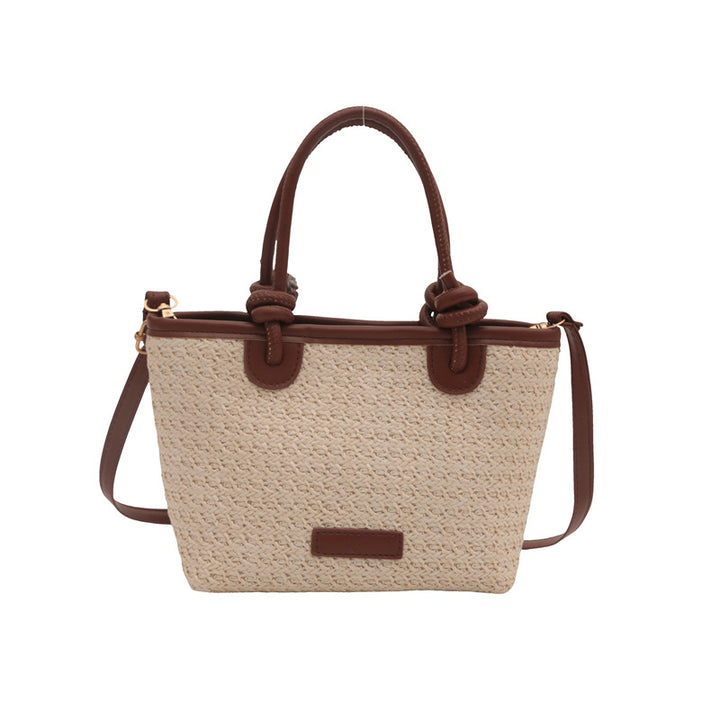 Woven Straw Tote Handbag with Leather Accents