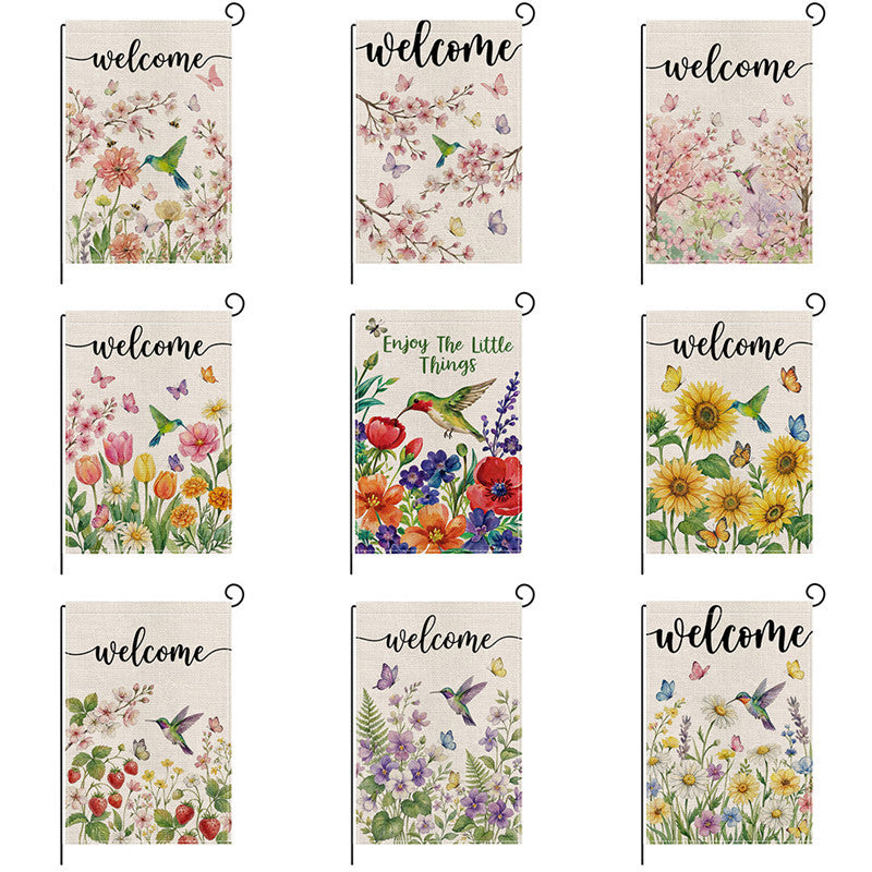 Botanical Welcome Garden Flag Linen-Texture Double-Sided Outdoor Decorative Banner