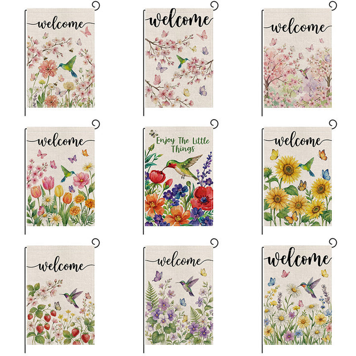 Botanical Welcome Garden Flag Linen-Texture Double-Sided Outdoor Decorative Banner