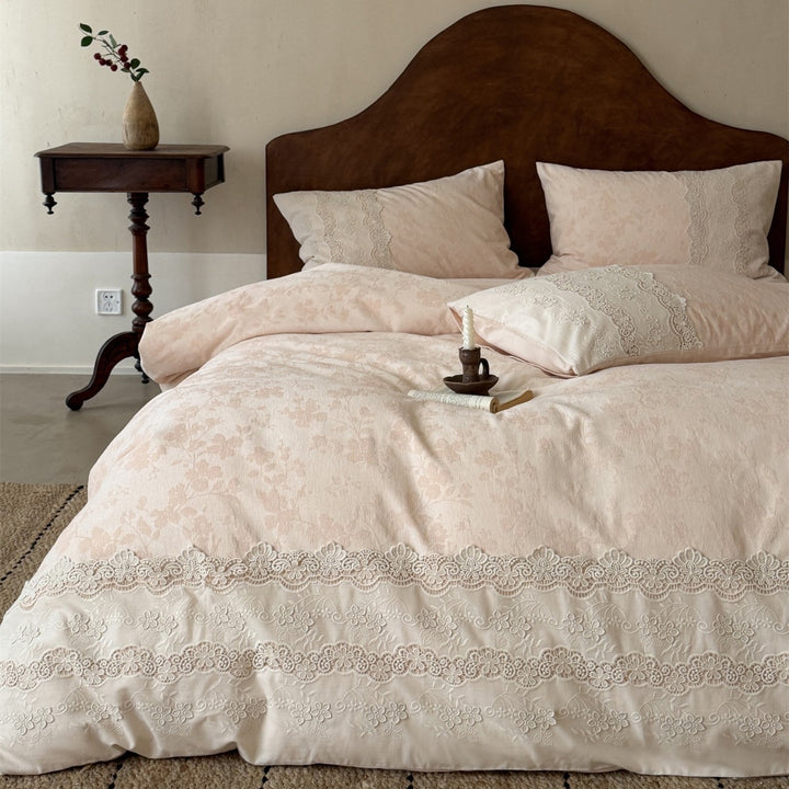 Hand-stitched Floral Jacquard Cotton Duvet Cover Set with Lace Border