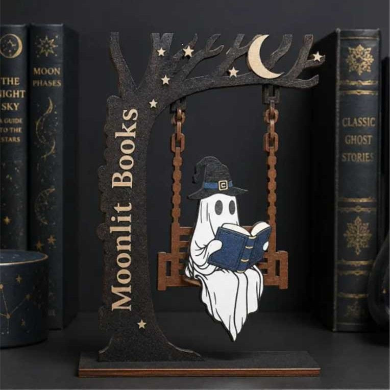 Whimsical Ghost and Cat Hanging Sign Sculpture Stornfield