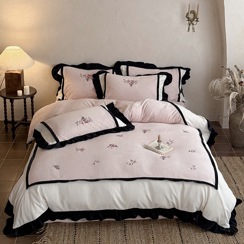 Floral Embroidered Ruffled Duvet Cover Ensemble with Velvet-Framed Panels and Pillow Shams
