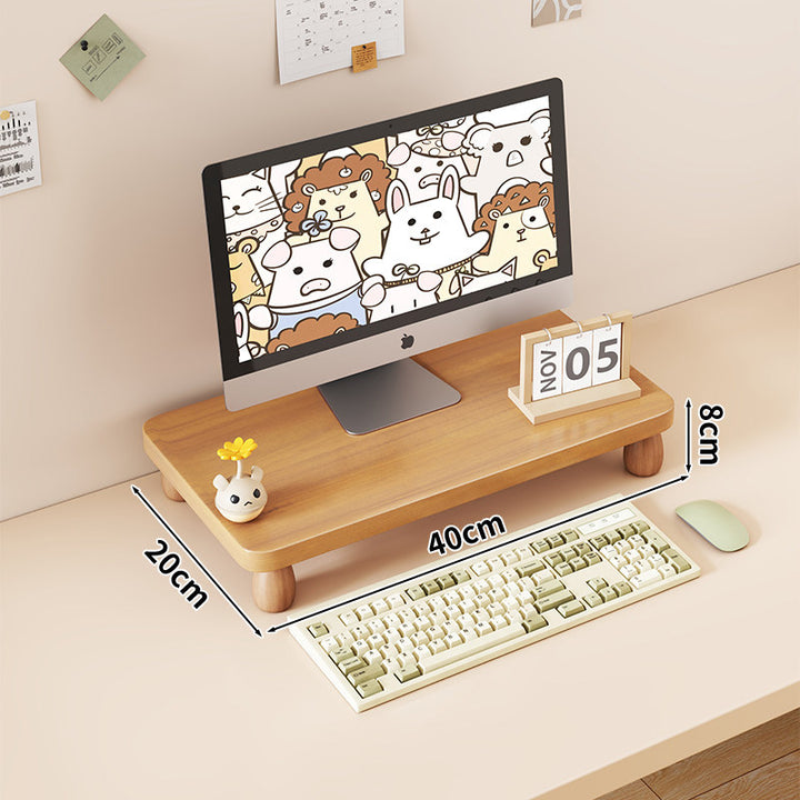 Solid Wood Monitor Riser with Tiered Desk Organizer and Cable Management