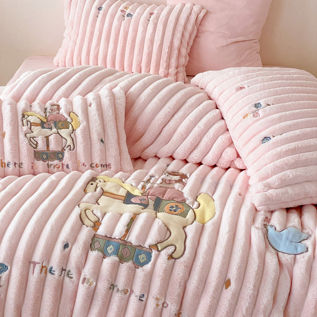 Children's Plush Ribbed Duvet Cover & Pillow Sham Set with Embroidered Carousel Motif