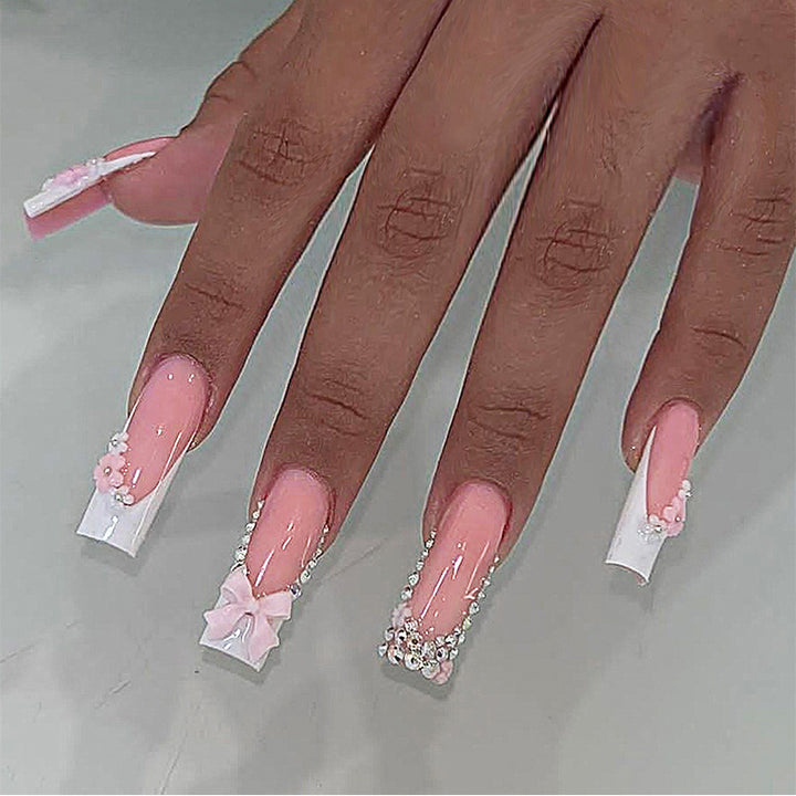 Decorative Press-On Nail Set with Elegant Floral and Gem Accents Stornfield