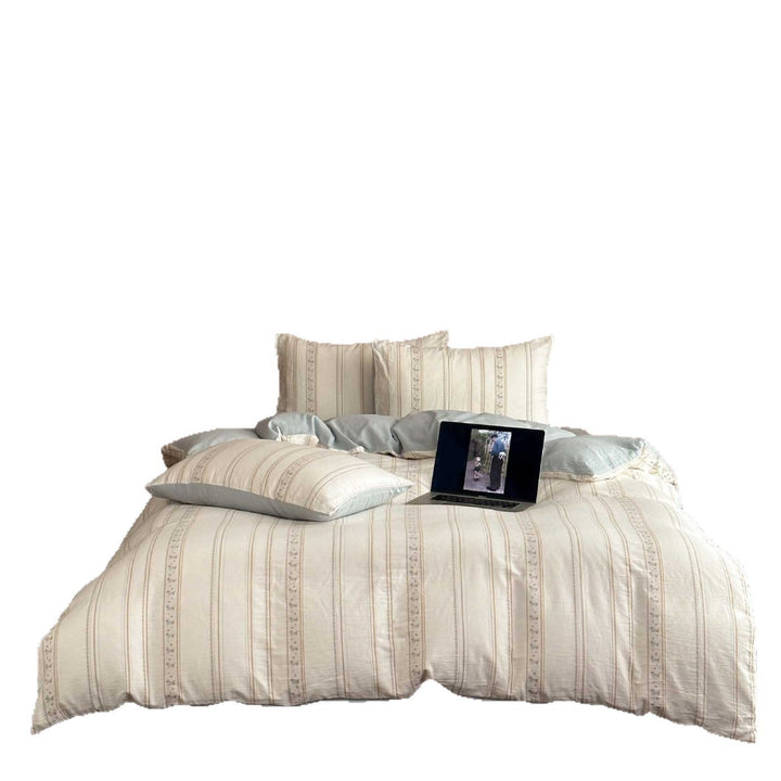 Brushed Cotton Stripe-Embroidered Duvet Cover Set