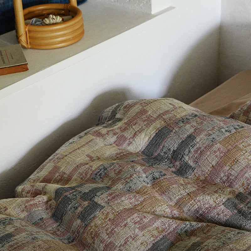 Quilted Cotton-Linen Abstract Block-Pattern Duvet Cover Set with Euro Shams & Deep-Pocket Fitted Sheet