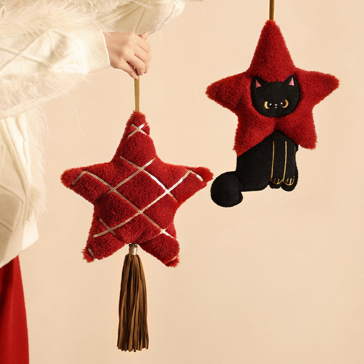 Plush pendant star shape with cat motif, cuddly teddy texture and hanging ribbon