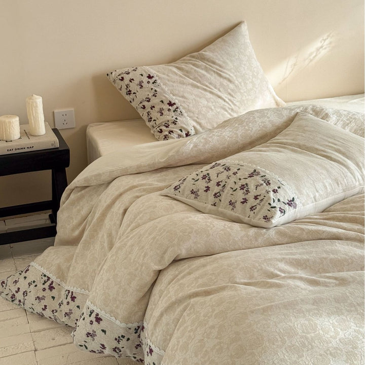 Botanical Embroidered Linen-Blend Duvet Cover & Sham Set with Scalloped Lace Border