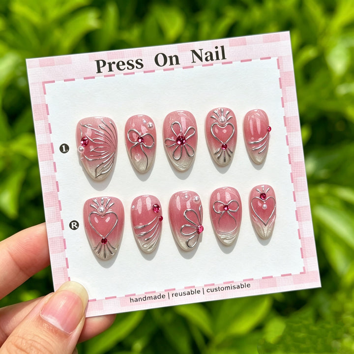Decorative Press-On Nails Set with Floral and Gem Accents