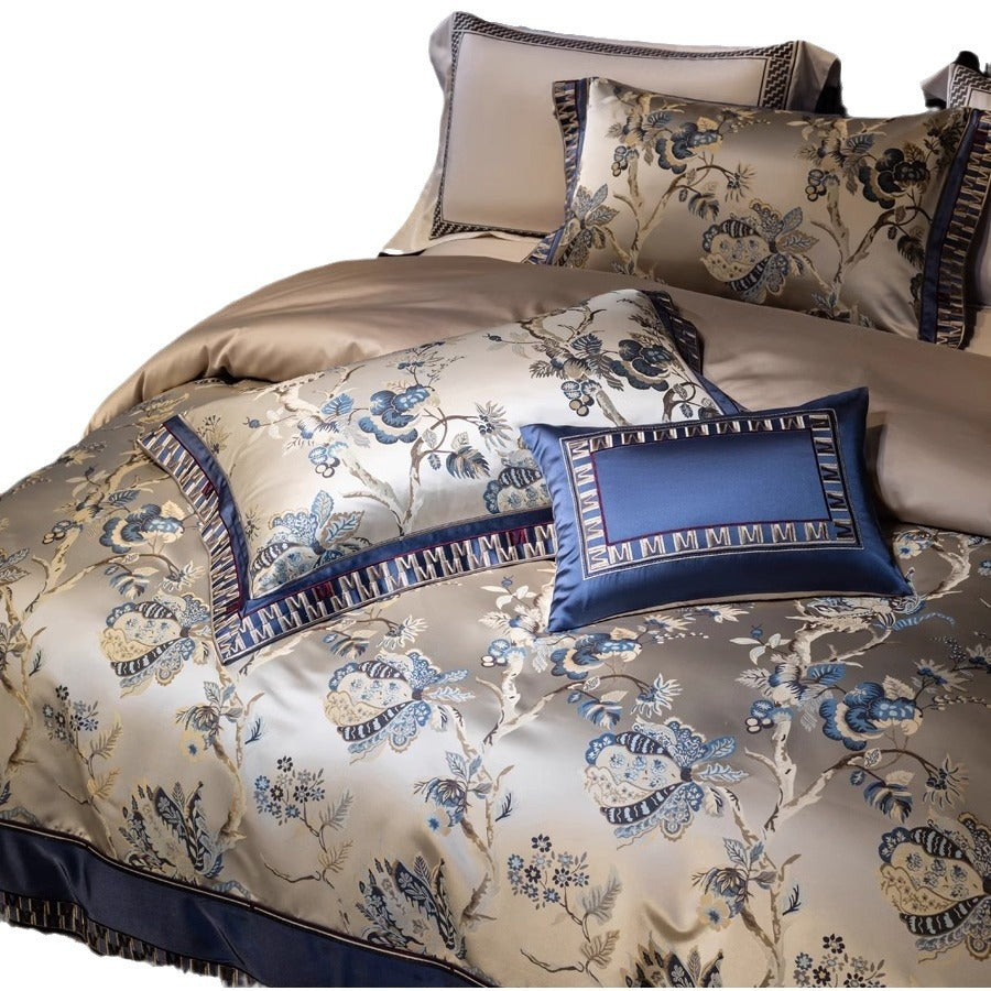 Satin-Jacquard Luxury Duvet Cover Ensemble with Floral Brocade, Piped Sateen Border and Decorative Pillow Shams