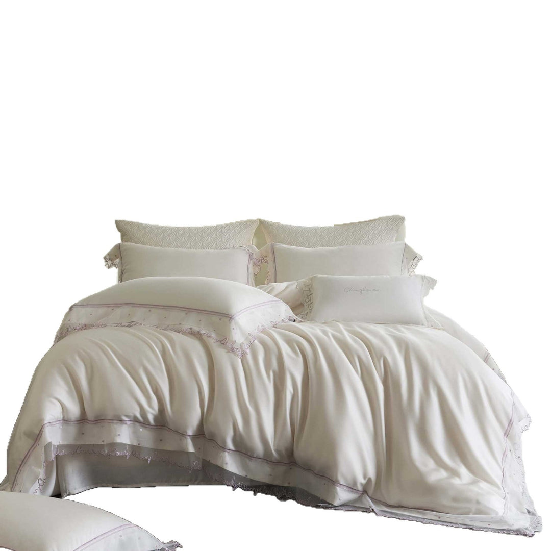 Satin bed linen set with delicate organza ruffle and lace trim