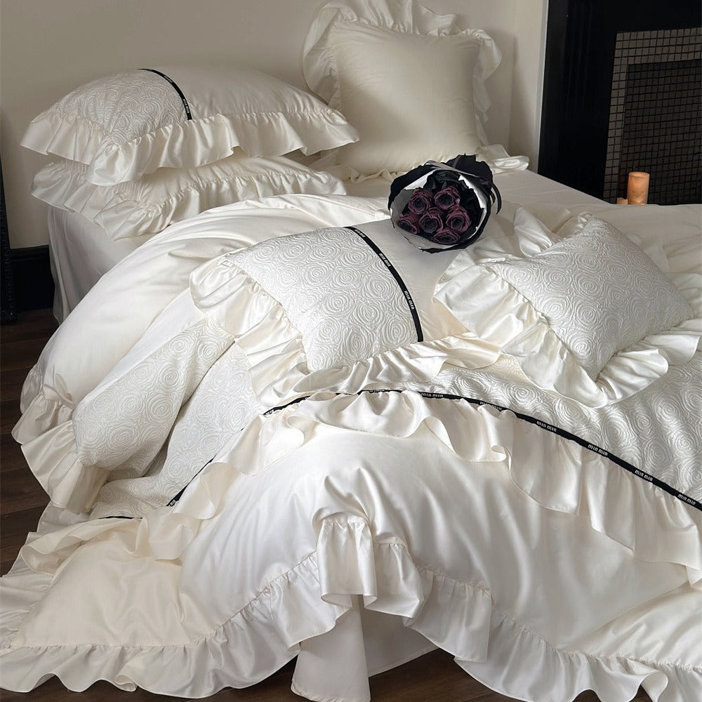 Luxe Ruffled Satin-Feel Bedspread Set with Quilted Jacquard Top and Decorative Contrast Trim