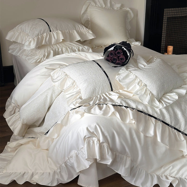 Luxe Ruffled Satin-Feel Bedspread Set with Quilted Jacquard Top and Decorative Contrast Trim