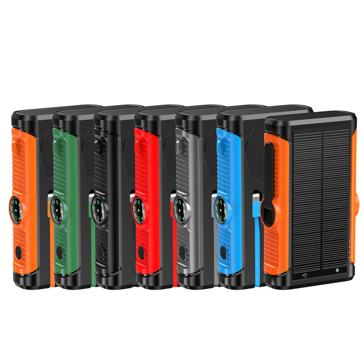 Portable solar battery with integrated hand crank charger Stornfield