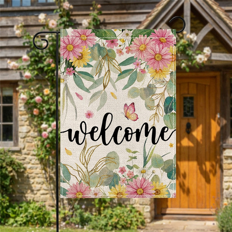 Decorative Burlap-Texture Welcome Garden Banner Flag with Sunflower Bouquet Mason Jar Artwork