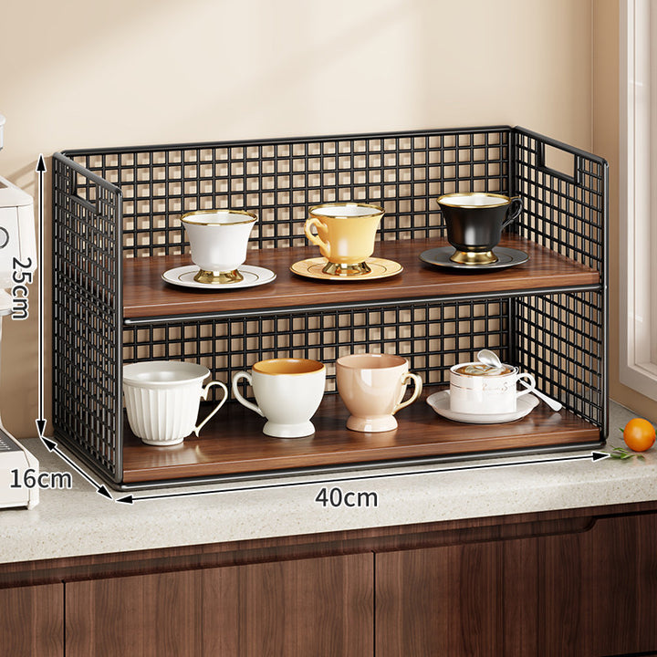Double-Tier Metal Grid Countertop Organizer Shelf for Cups and Kitchenware