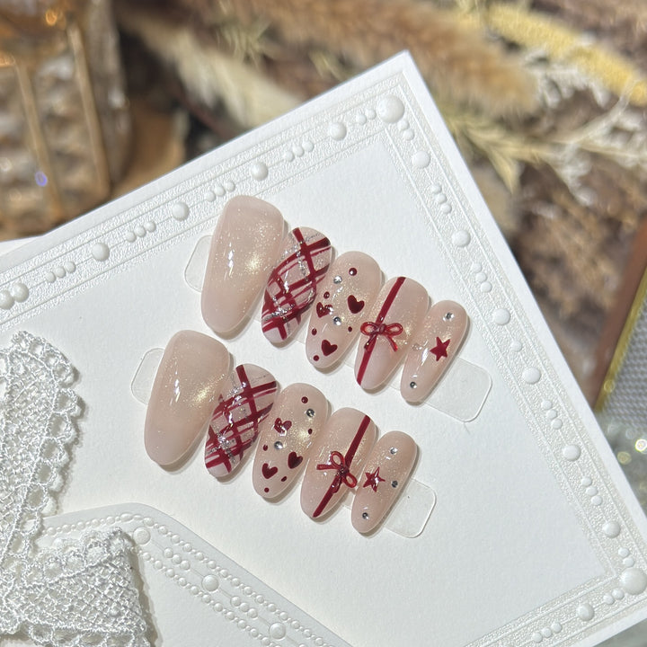 Romantic Themed Press-On Nail Set with Heart and Bow Accents Stornfield