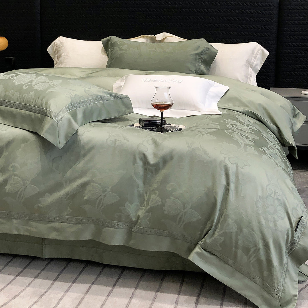 Premium cotton satin bedding set with structured matelassé border and hotel closure