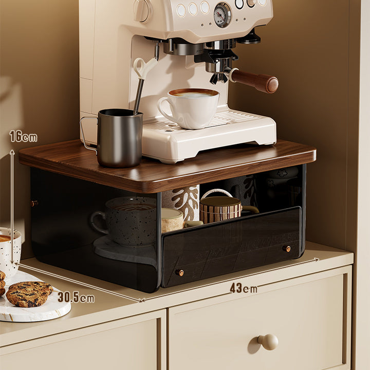 Elevated Coffee Machine Stand with Concealed Storage Drawer and Walnut Shelf