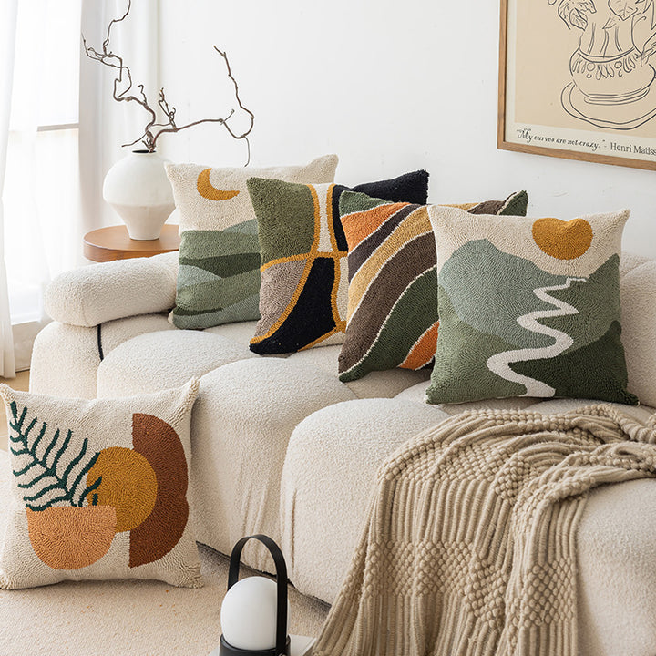Hand-Tufted Abstract Geometric Loop-Pile Throw Pillow Cover with Hidden Zipper