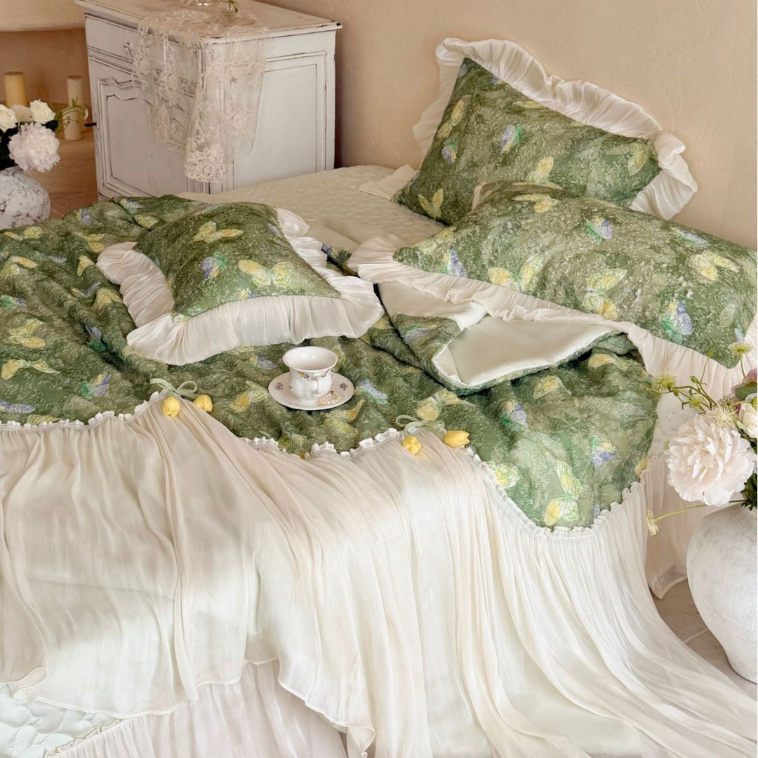 Romantic bedding set with chiffon bed skirt and butterfly print