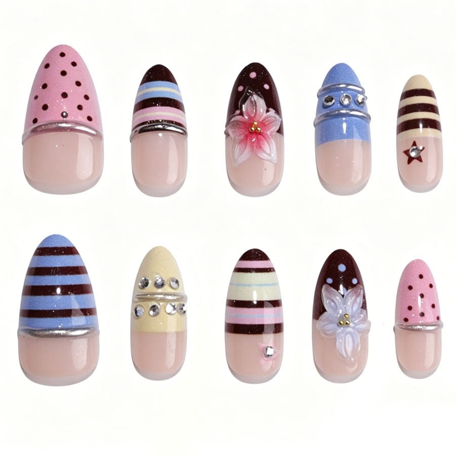 Creative nail art set with floral and striped accents Stornfield