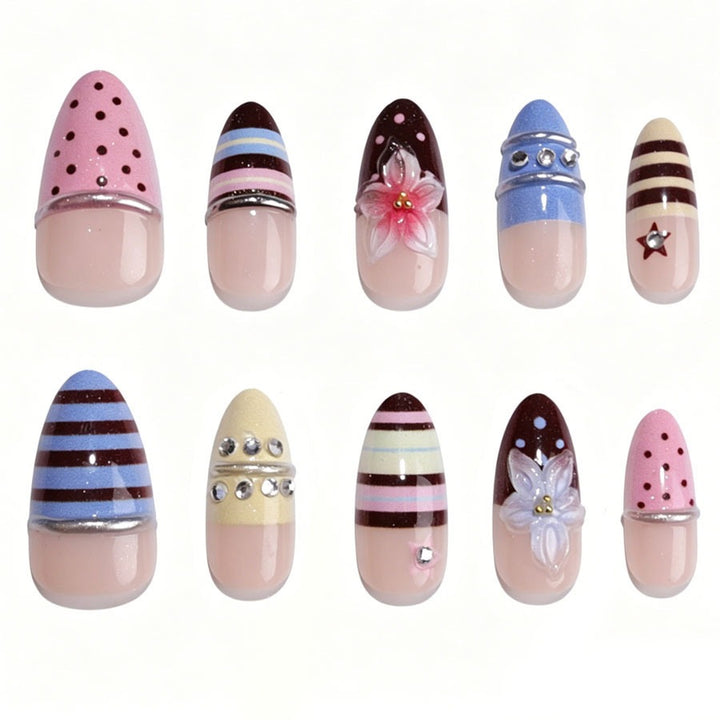 Creative nail art set with floral and striped accents Stornfield