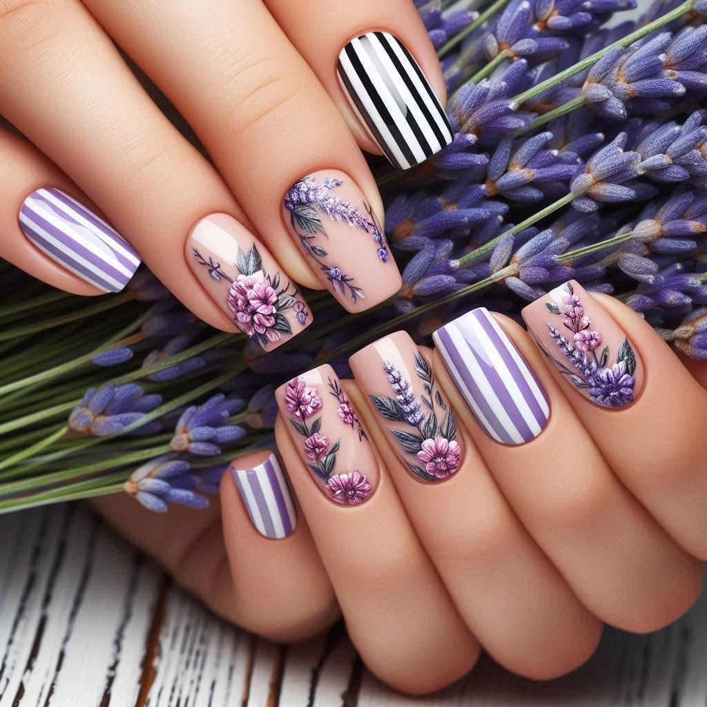 Artificial nails with floral and striped designs Stornfield
