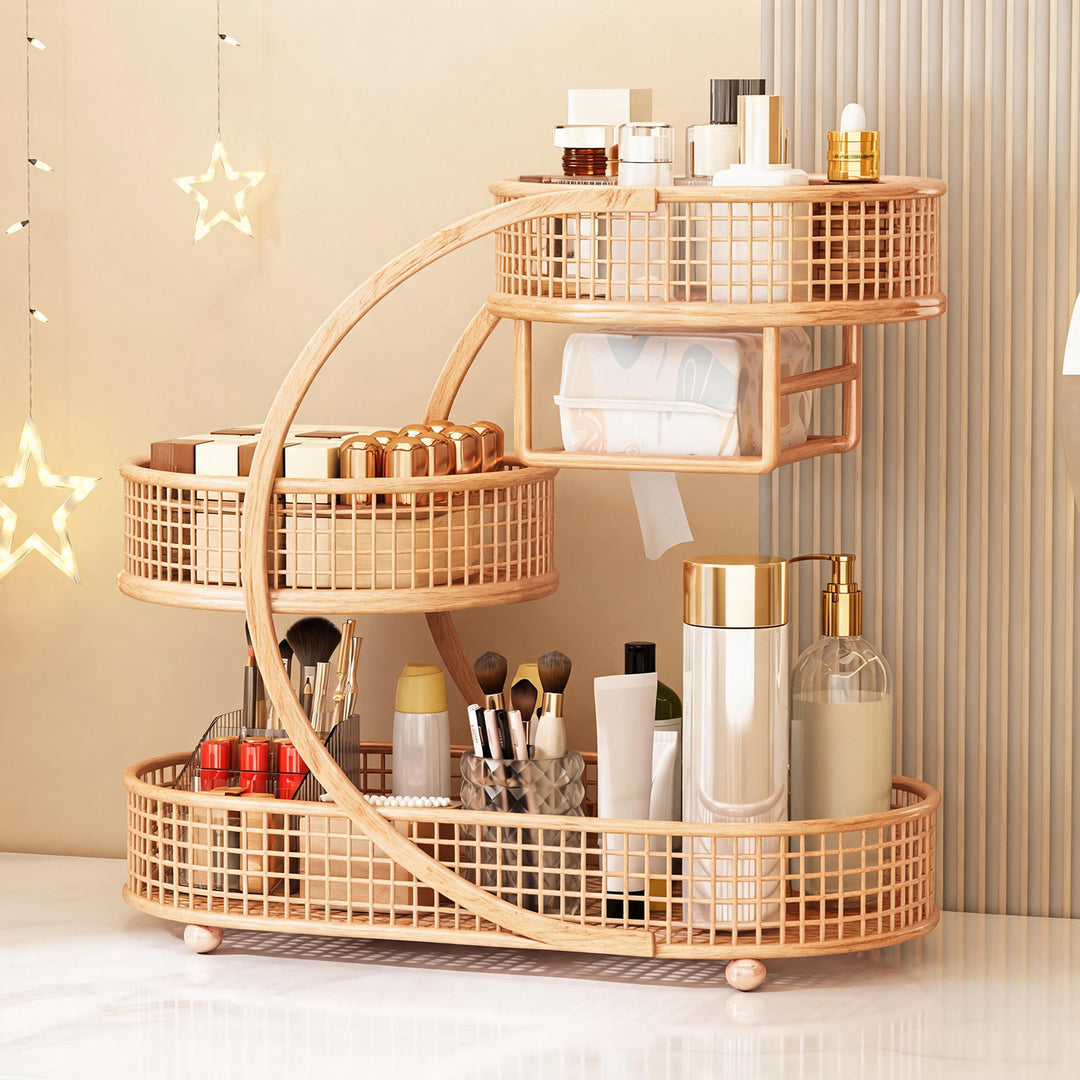 Three-Tier Mesh Vanity Organizer with Built-In Tissue Slot and Round Rotating Trays