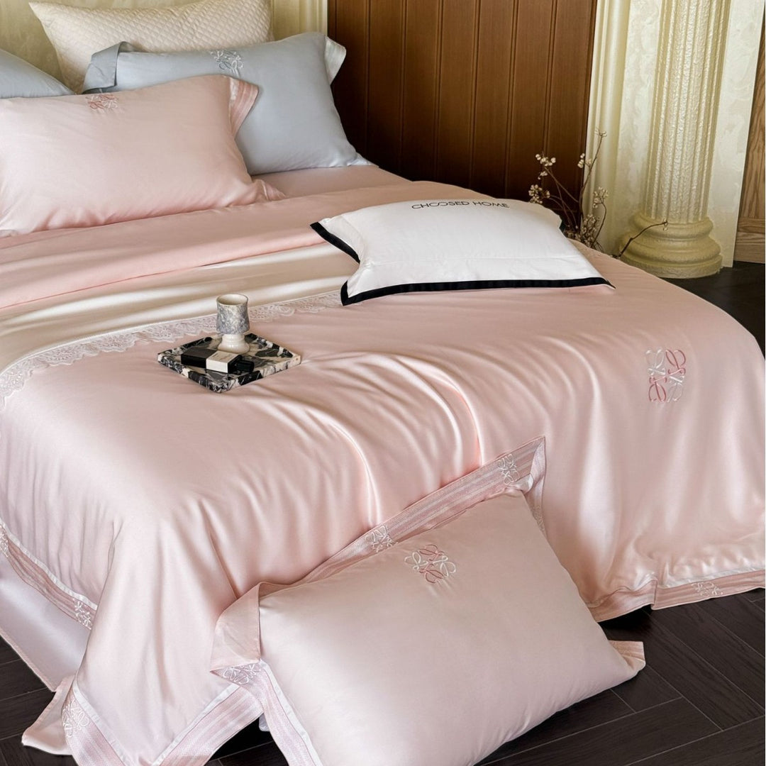 Silk-Feel Embroidered Satin Duvet Cover Set with Monogram Pillow Shams