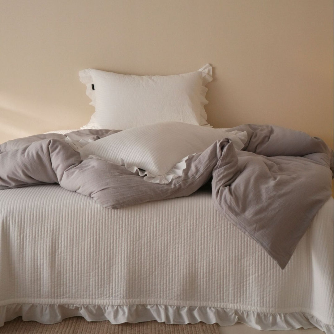 Reversible Washed Cotton Duvet Cover Set with Ruffled Edge and Plush Down-Alternative Comforter