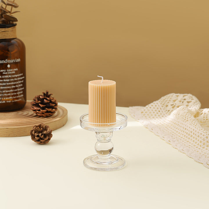 Ribbed Decorative Pillar Candle with Crystal Glass Pedestal Holder