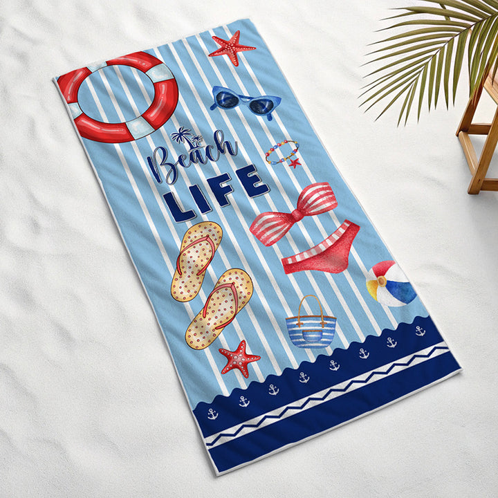 Oversized Quick-Dry Microfiber Beach Towel with Striped Nautical 'Beach Life' Illustration